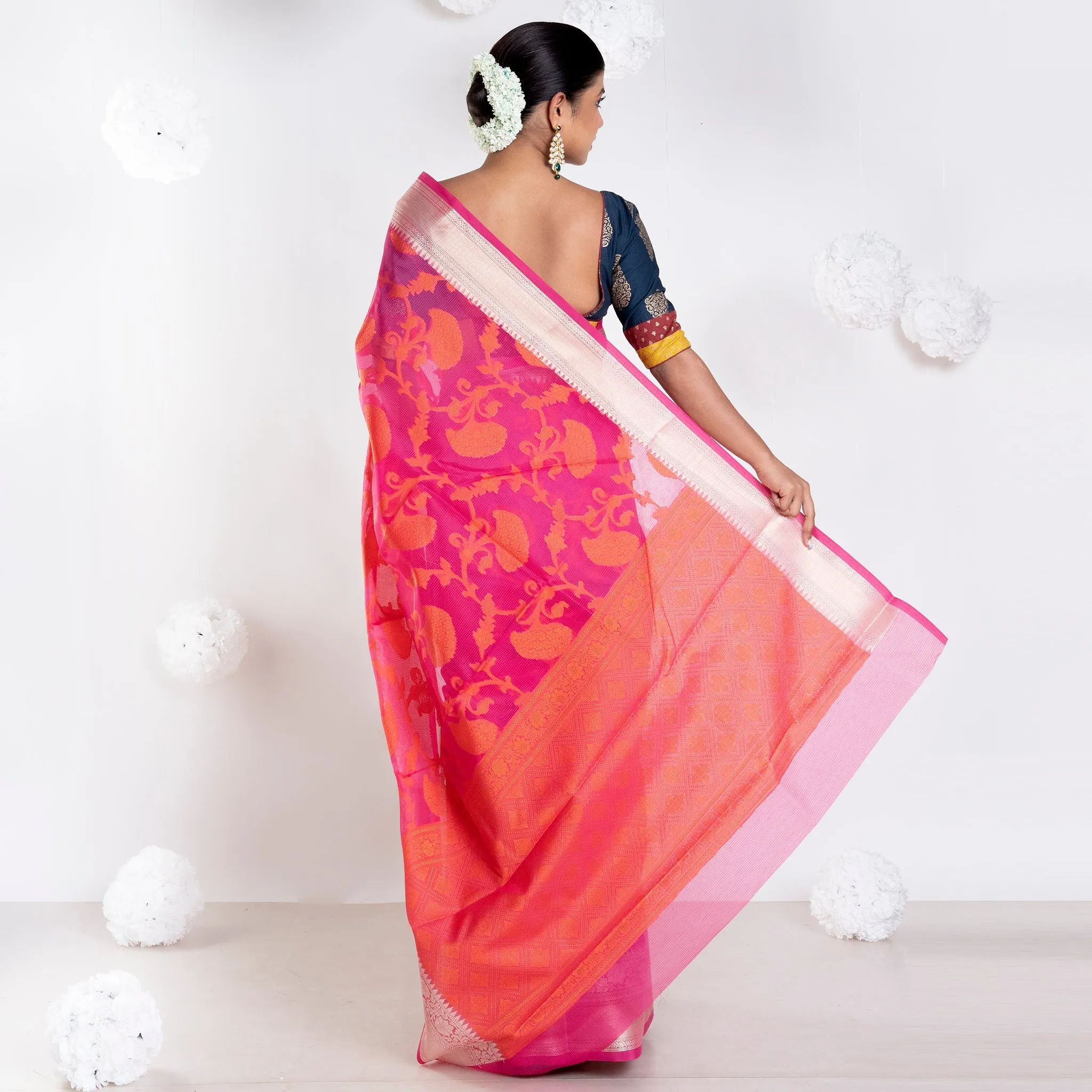 Women Banarasi Kora Cotton Saree In Hot Pink Color With Floral Jaal And Golden Border