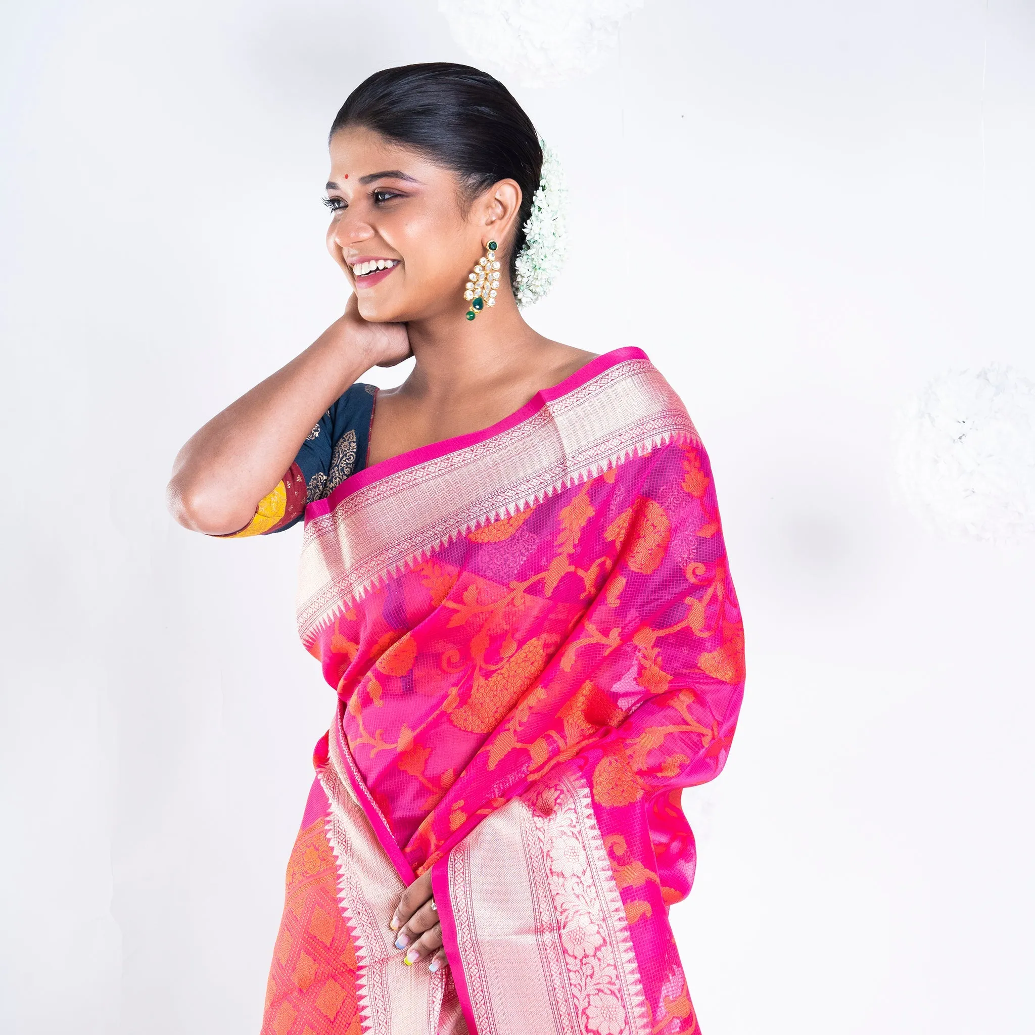 Women Banarasi Kora Cotton Saree In Hot Pink Color With Floral Jaal And Golden Border