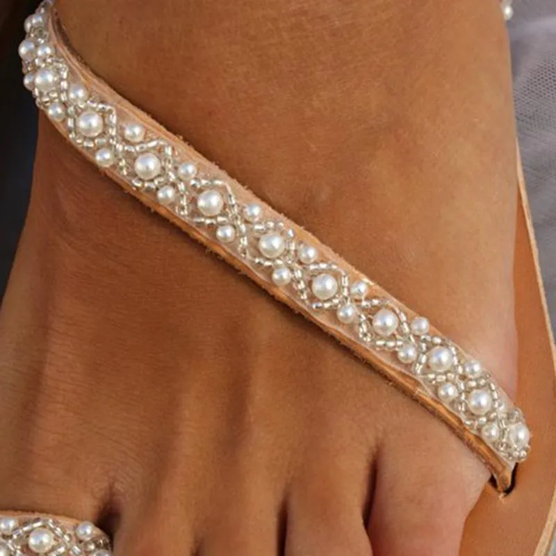 Women Boho Handmade Pearl Beach Sandals  Bridal Shoes