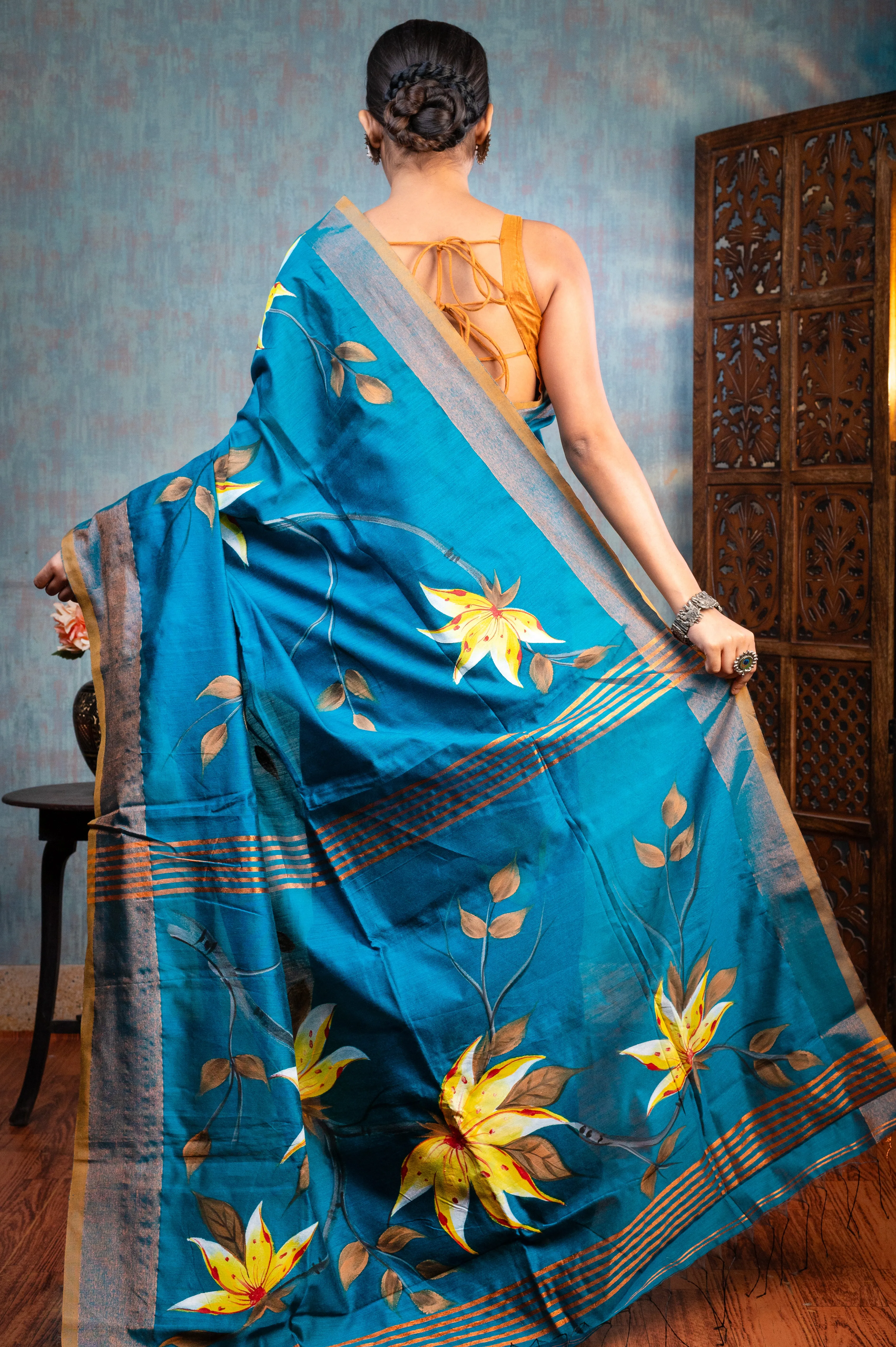 Women Dark Teal Hand Painted Cotton Saree