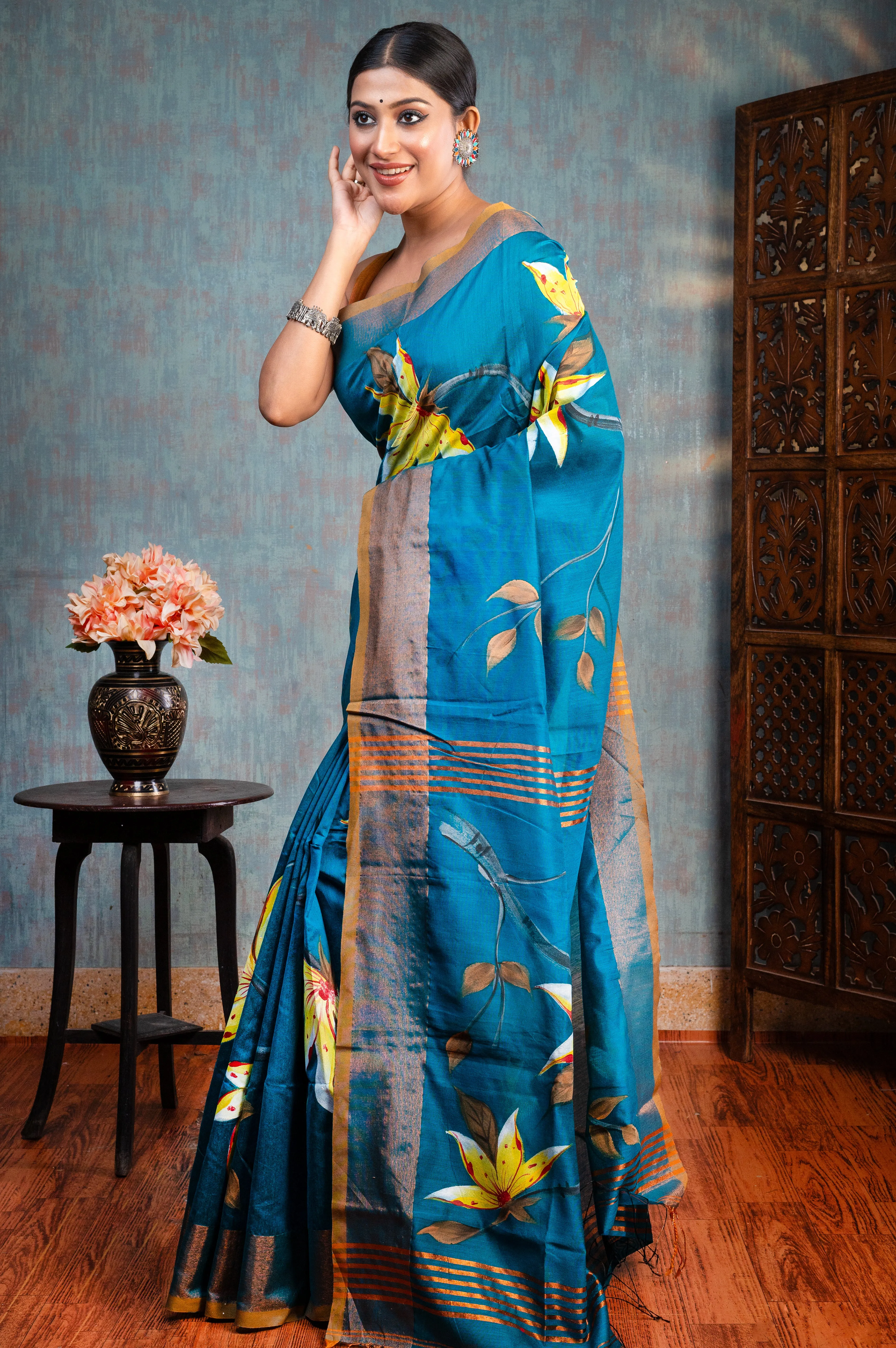 Women Dark Teal Hand Painted Cotton Saree