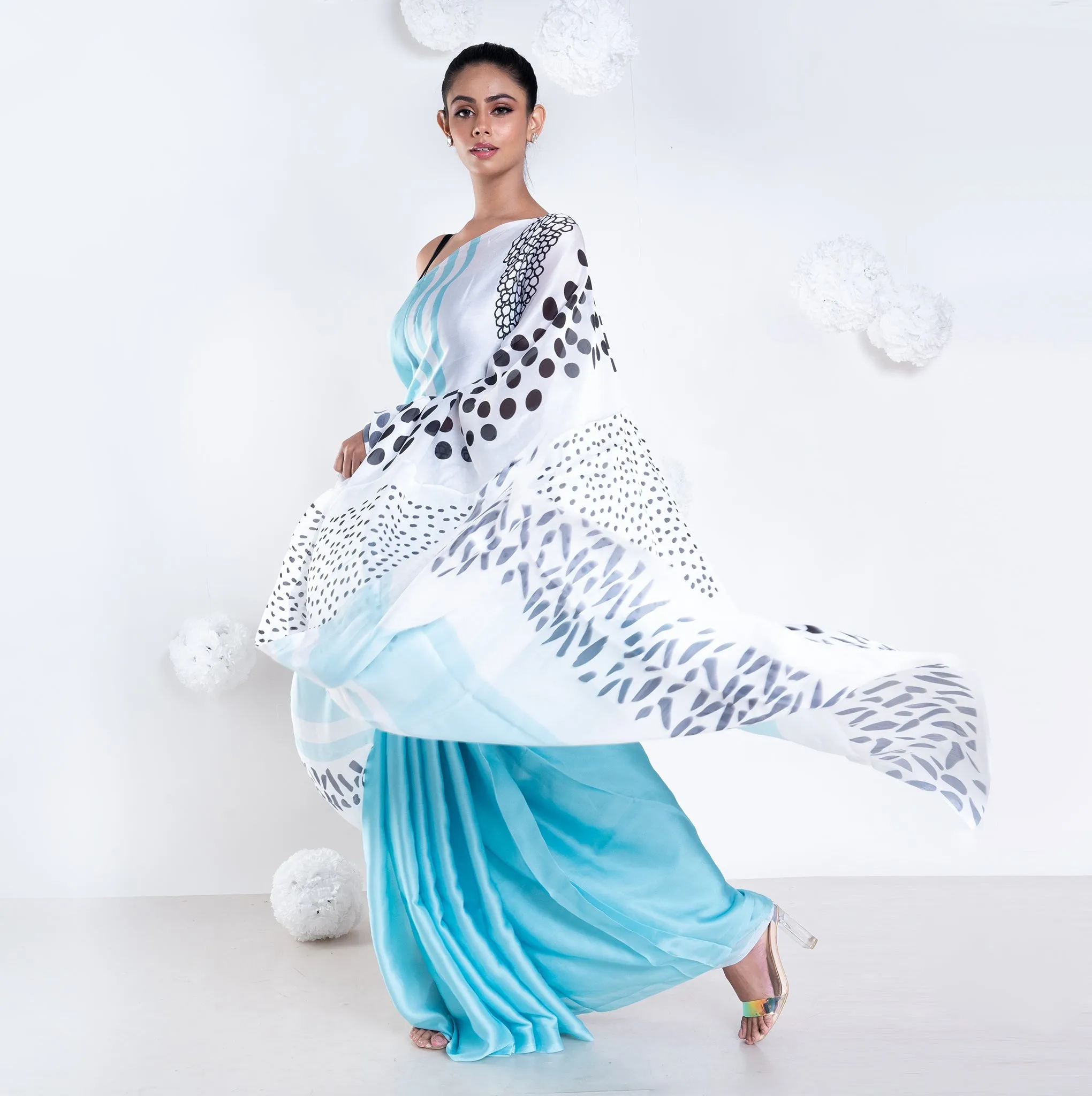 Women Manon Satin Georgette Digital Printed Saree In Blue Color