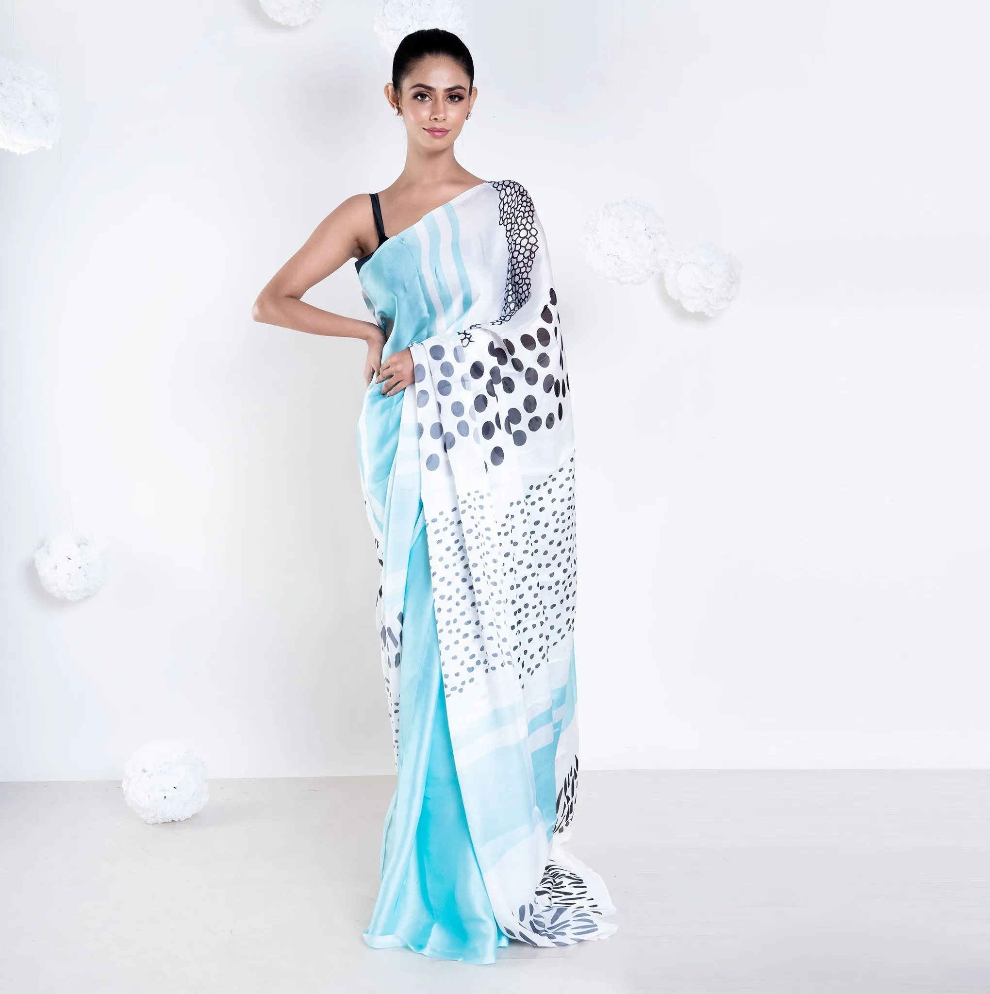 Women Manon Satin Georgette Digital Printed Saree In Blue Color