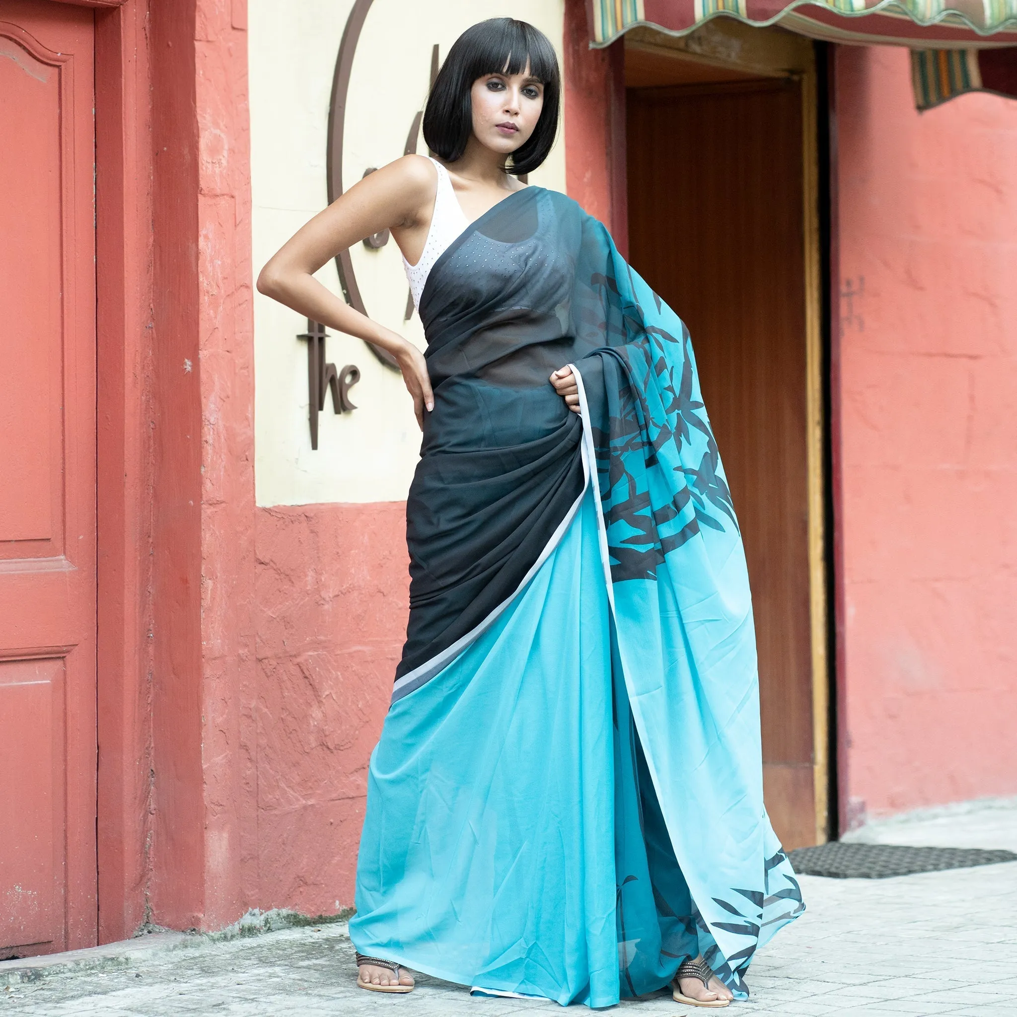 Women Midnight Meadows Digital Printed Satin Georgette Saree