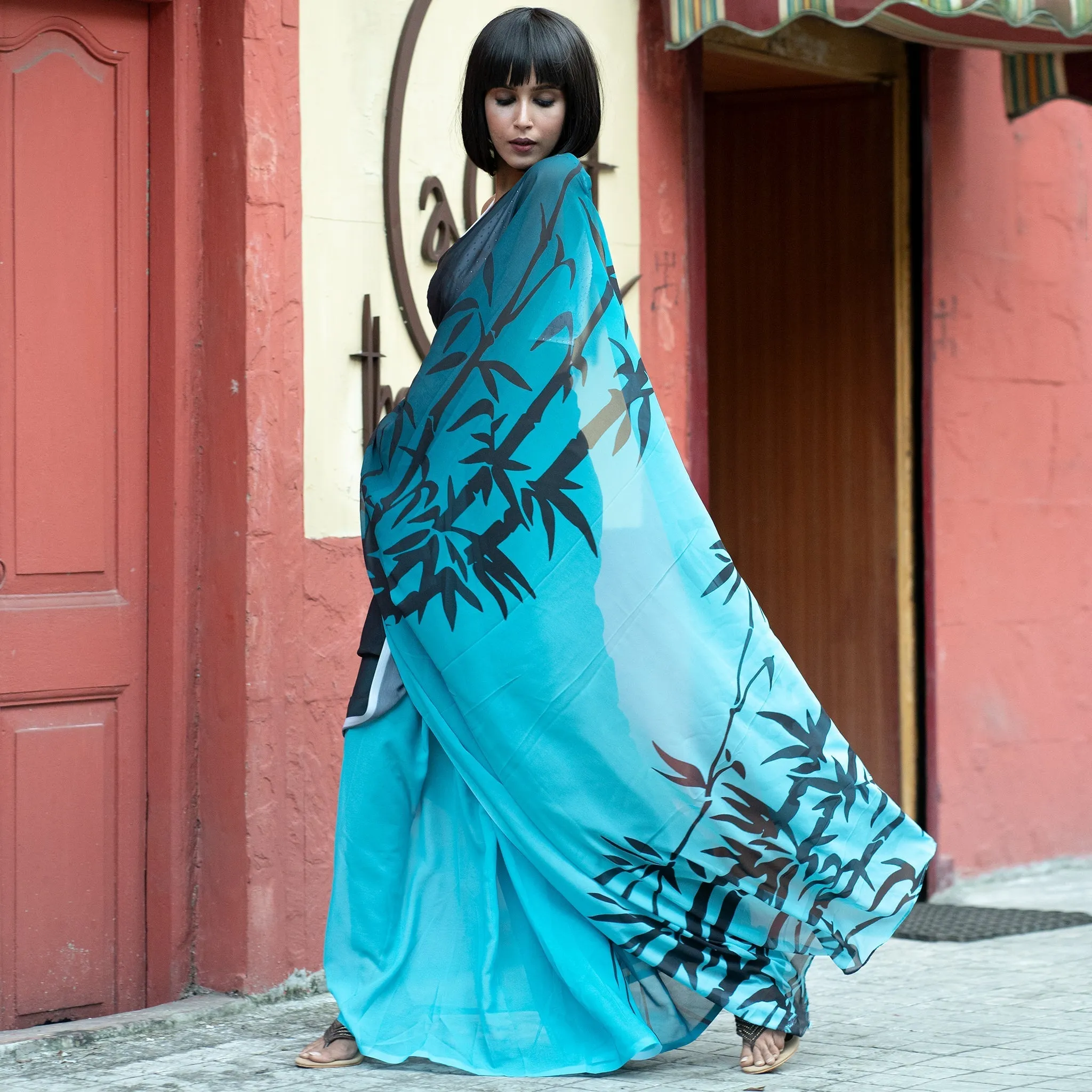 Women Midnight Meadows Digital Printed Satin Georgette Saree