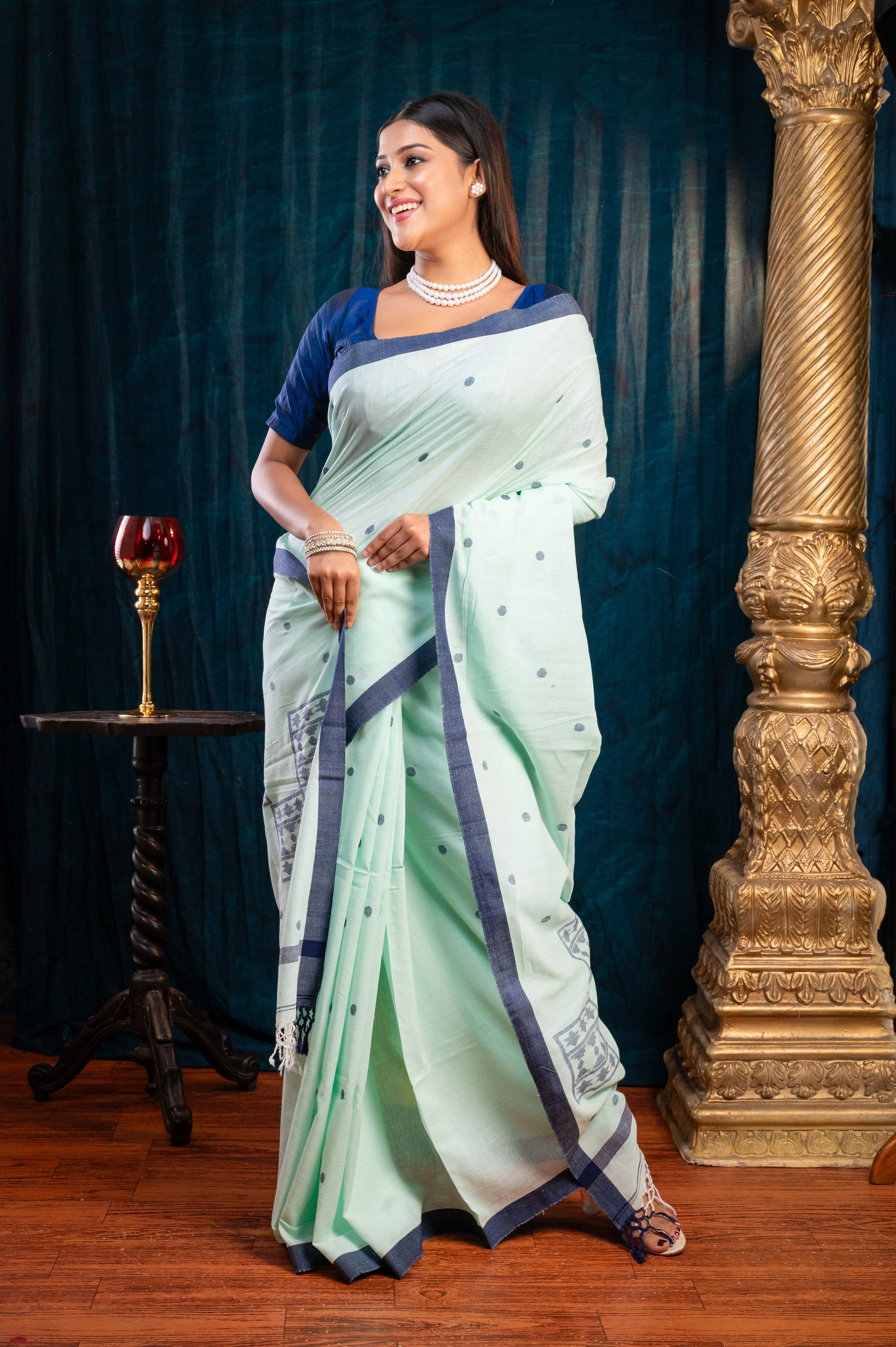 Women Sea Green Pure Handloom Cotton Saree With Blue Polka Dots And Border