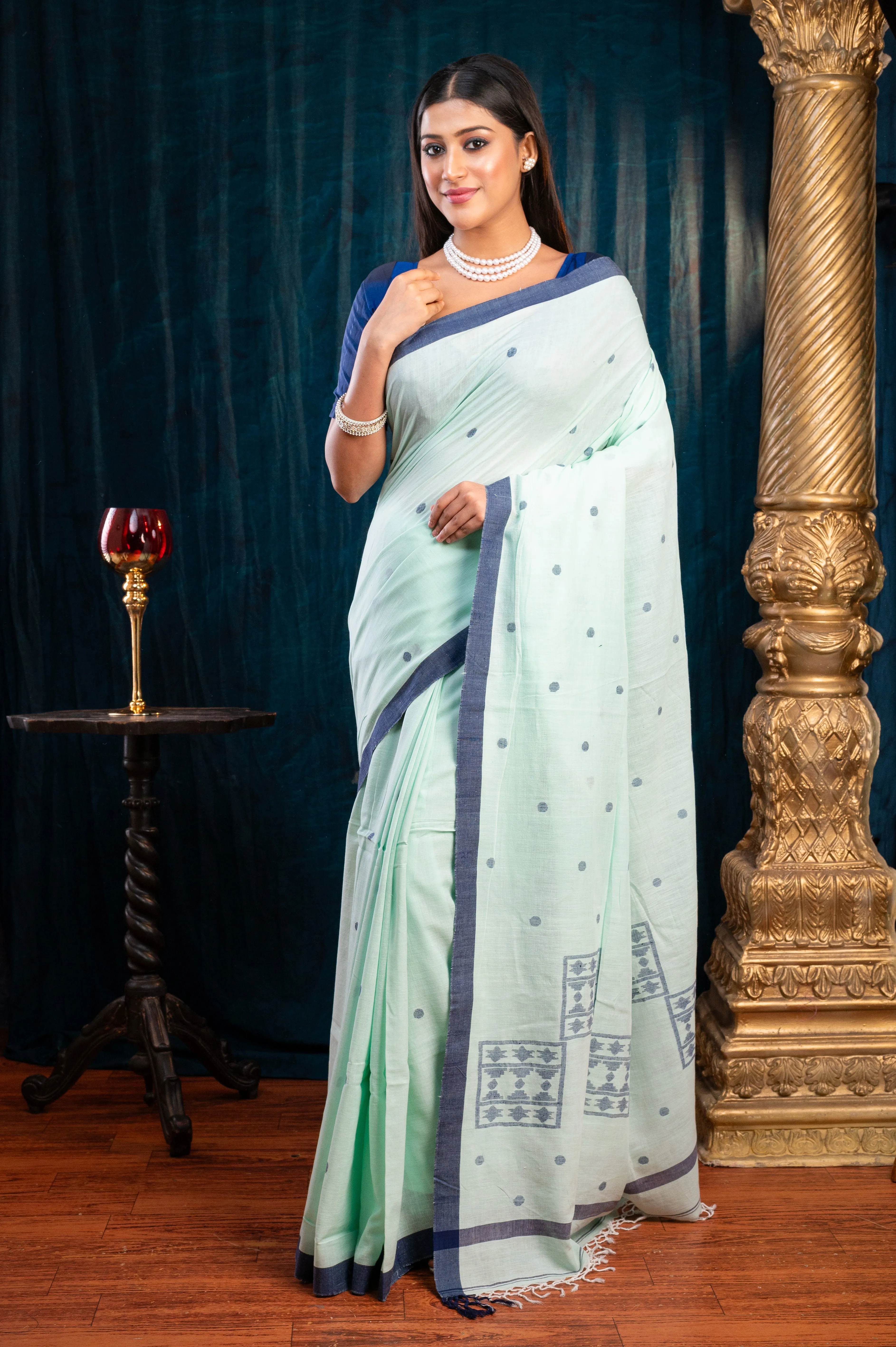Women Sea Green Pure Handloom Cotton Saree With Blue Polka Dots And Border