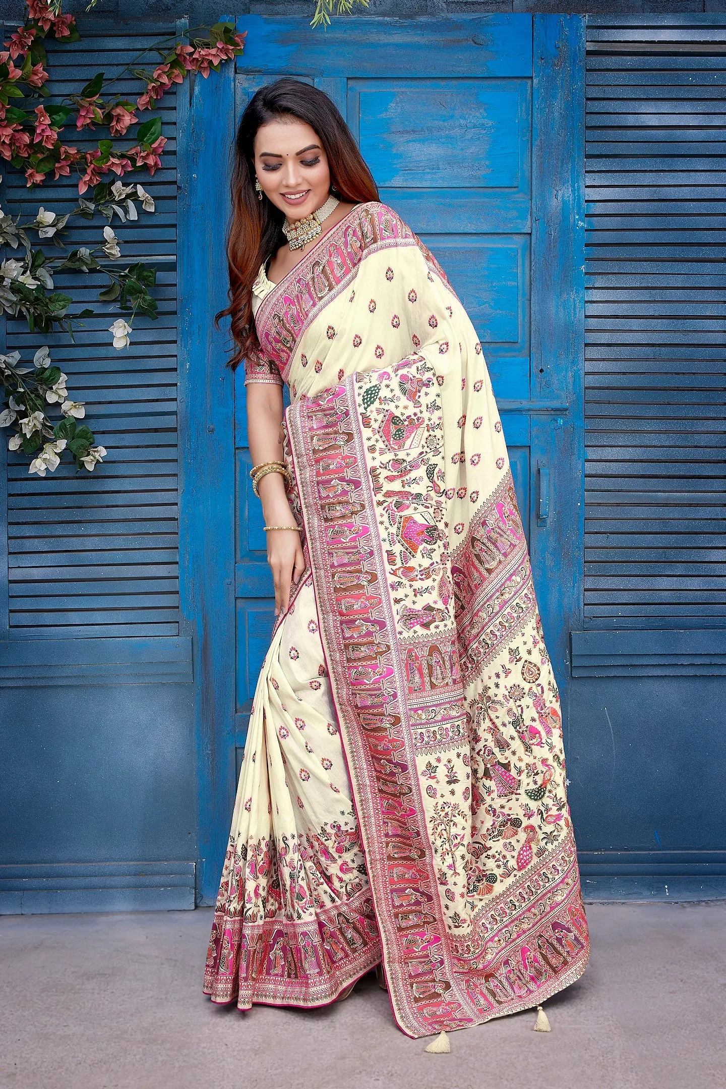 Women Wedding Wear Jaquard Weaving Worked Pure Pasmina Saree With Un Stitched Blouse